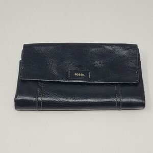 Fossil Ellis Black Leather Double Sided Folding Clutch Long Large Wallet